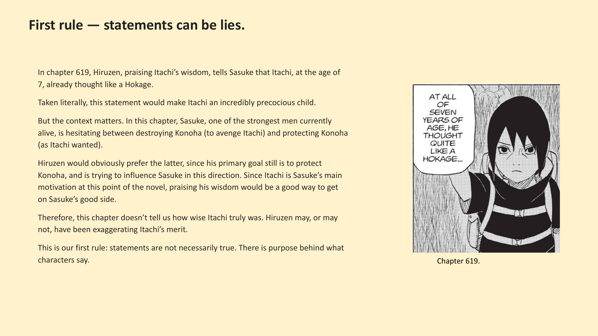 Slide 2: First rule — statements can be lies.