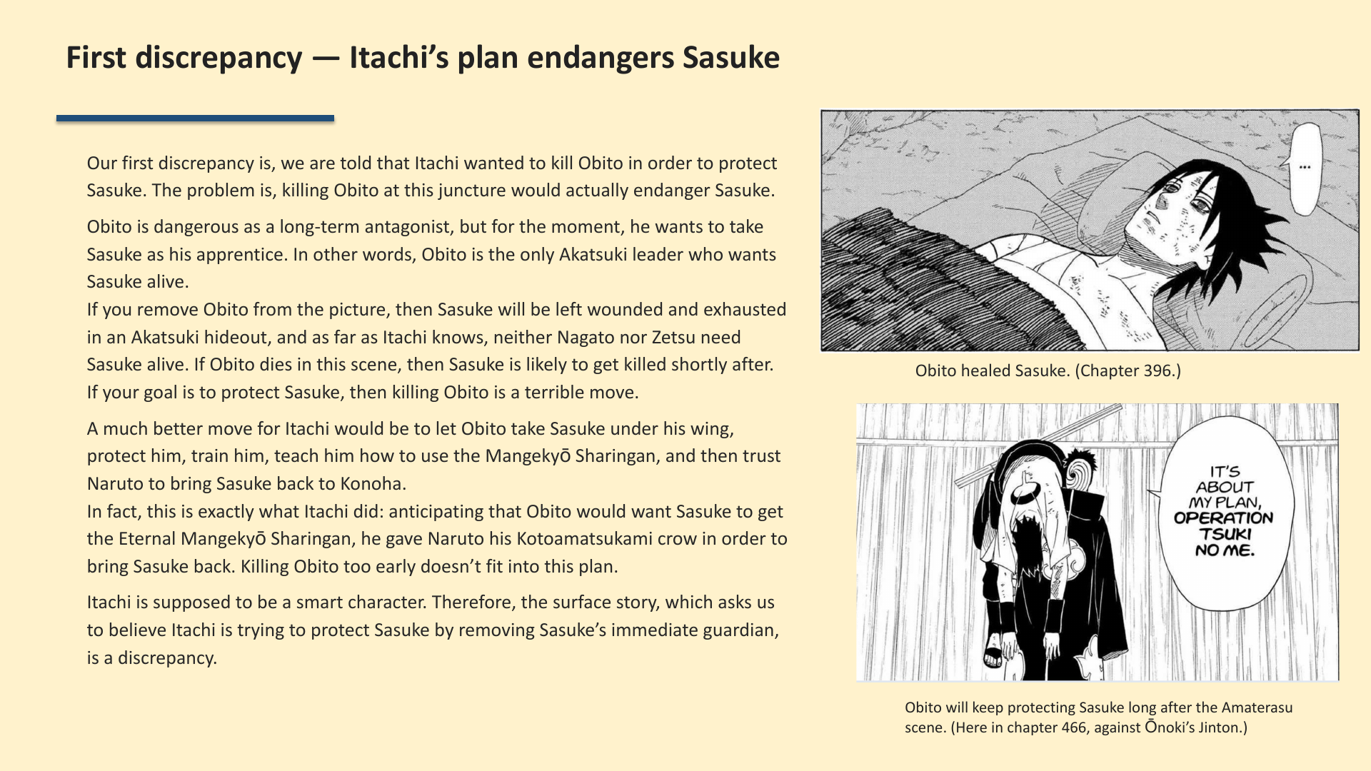 Slide 2: First discrepancy — Itachi’s plan endangers Sasuke