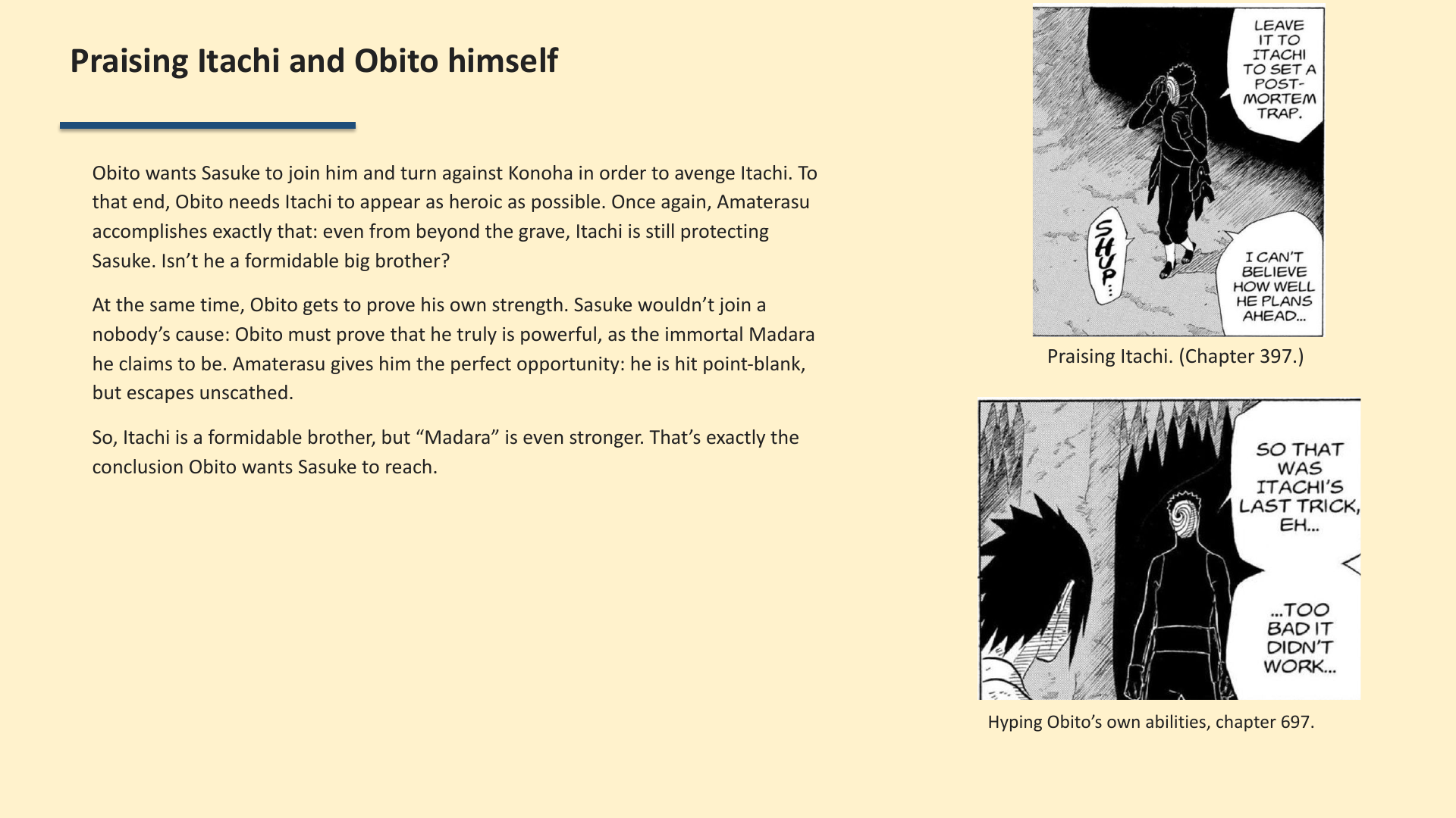 Slide 5: Praising Itachi and Obito himself