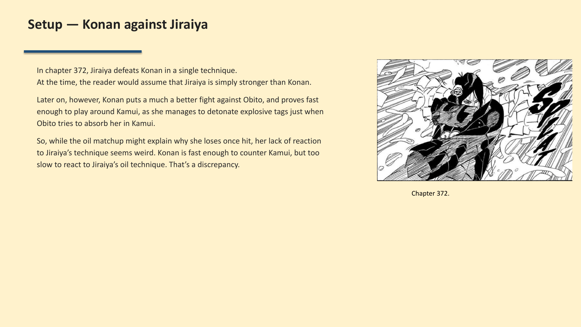 Slide 2: Setup — Konan against Jiraiya
