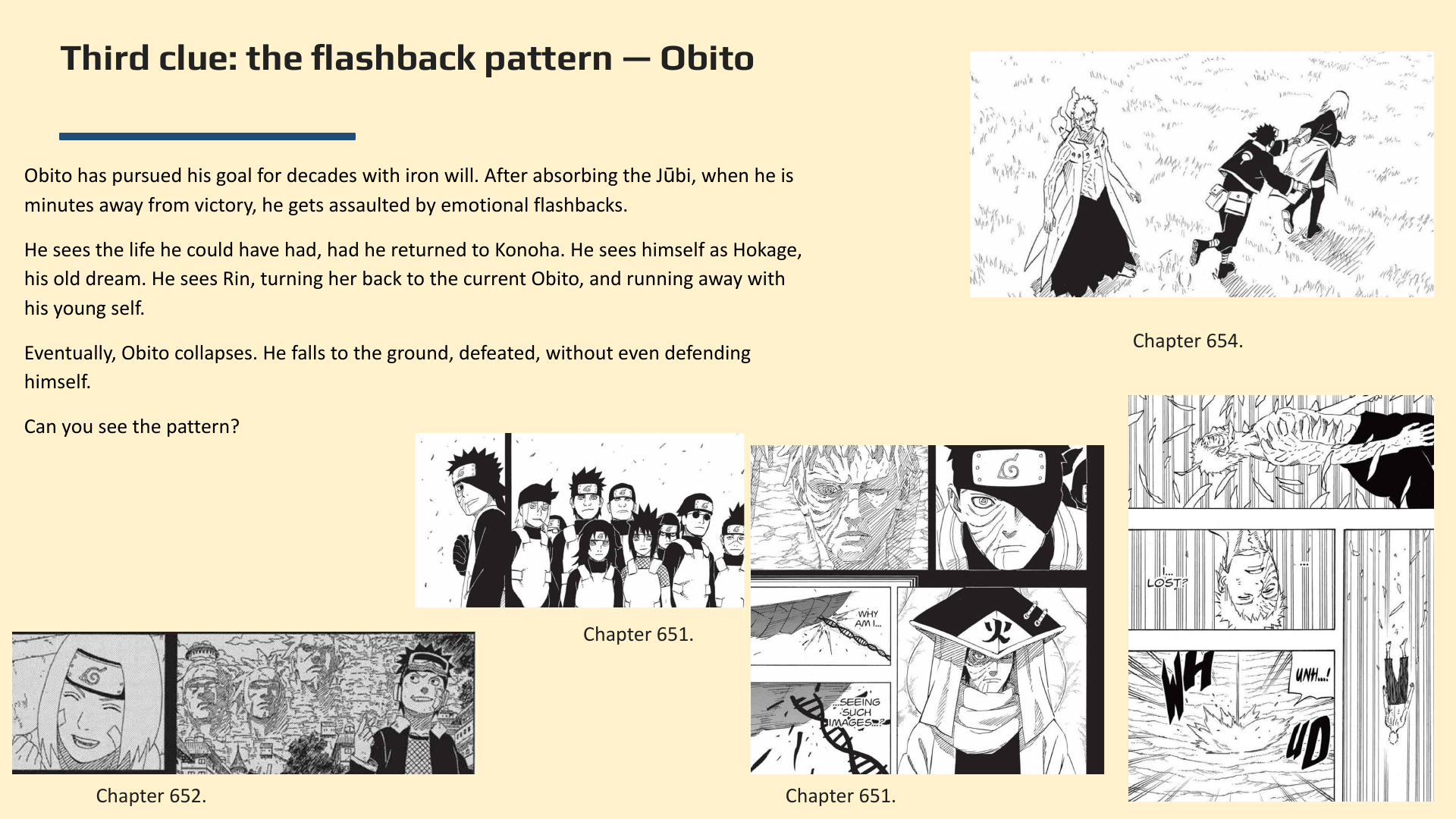 Slide 10: Third clue: the flashback pattern — Obito