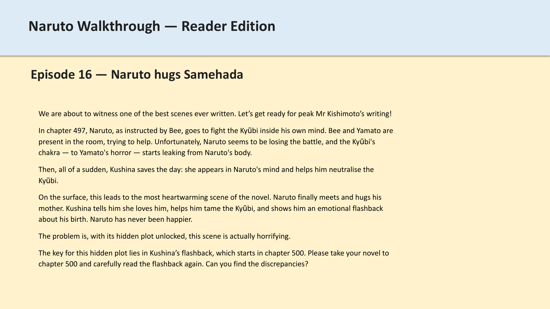 Slide 1: Episode 16 — Naruto hugs Samehada